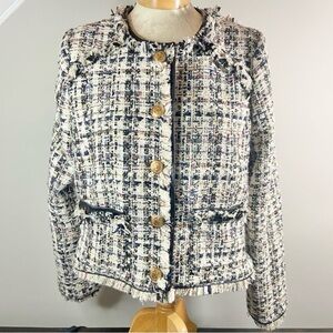 Walter Baker Baca Jacket Beige Tweed Fringe Trim Faux Leather Size XL